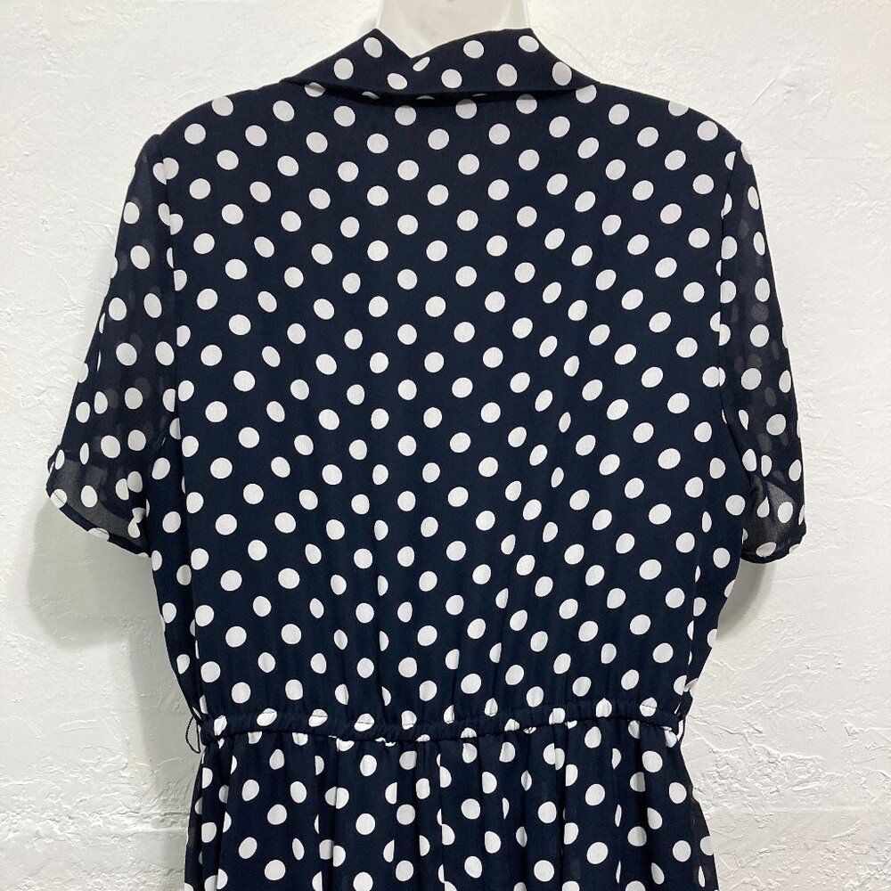 VINTAGE Brown Stone Studio Midi Dress Button Front Blue Polka Dot Cottage Sheer - Picture 6 of 13